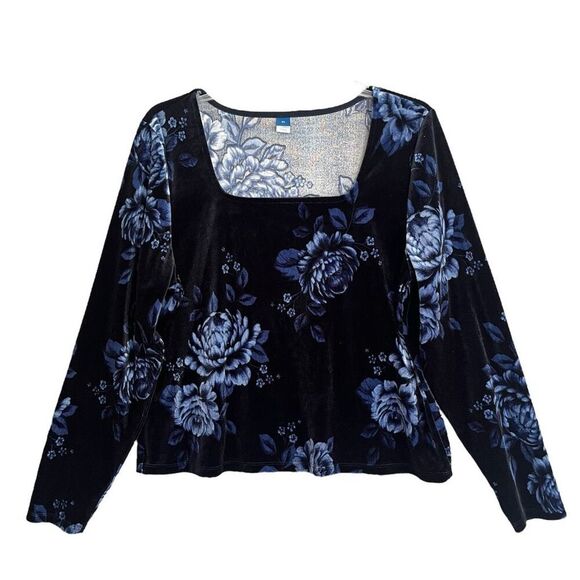 Old Navy Velvet Floral Top Womens XL Fitted Black Blue Whimsigoth Dark Romantic - Picture 1 of 9